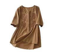 Dyhxuan Bluse Damen Baumwolle Leinen Tshirt Einfarbige Shirt Tops Sommer T-Shirt Kurzarm Blouse mit V-Ausschnitt Große Größen Locker Oberteile Gestickter Druck Sommerbluse Shirtbluse Sommershirts