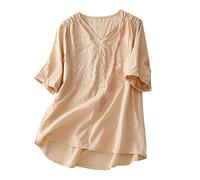 Dyhxuan Bluse Damen Baumwolle Leinen Tshirt Einfarbige Shirt Tops Sommer T-Shirt Kurzarm Blouse mit V-Ausschnitt Große Größen Locker Oberteile Gestickter Druck Sommerbluse Shirtbluse Sommershirts