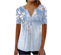 Dyhxuan Bluse Damen Elegant Tunika Sommerbluse Blumendruck T-Shirt Kurzarm Oberteile mit V-Ausschnitt Tunic Tshirt Tops Basic Shirt Blouse mit Knöpfe Hemdbluse Blusentops Sportshirt Pullover