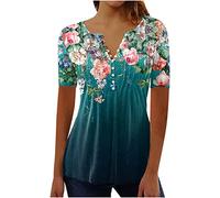 Dyhxuan Bluse Damen Elegant Tunika Sommerbluse Blumendruck T-Shirt Kurzarm Oberteile mit V-Ausschnitt Tunic Tshirt Tops Basic Shirt Blouse mit Knöpfe Hemdbluse Blusentops Sportshirt Pullover