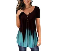 Dyhxuan Bluse Damen Farbverlaufsdruck Sommershirts Elegant Sommer Oberteile Kurzarm V-Ausschnitt T-Shirt Locker Tunika Tops Blouse mit Knöpfe Tunic Tshirt Shirt Pullover Blusenshirt Sommershirts