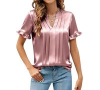 Dyhxuan Bluse Damen Satin Tops Elegant V-Ausschnitt Oberteile Falten Kurzarm T-Shirt Rüschenärmel Shirt Einfarbig Satinbluse Modisches Damenblusen