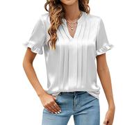 Dyhxuan Bluse Damen Satin Tops Elegant V-Ausschnitt Oberteile Falten Kurzarm T-Shirt Rüschenärmel Shirt Einfarbig Satinbluse Modisches Damenblusen