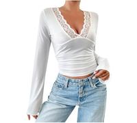 Dyhxuan Bluse Damen Sexy Tiefer V-Ausschnitt Oberteile Einfarbig Spitze Patchwork Shirt Slim Fit Langarm T Shirt Y2K Eng Cropped Tops Basic Langarmshirt Aesthetic Clothes Longsleeve Tunika Blusen
