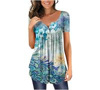 Dyhxuan Bluse Damen Sommer Kurzarm Shirt Lässig Blumendruck T-Shirt Tunika Tshirt Frauen Casual Locker Oberteile V-Ausschnitt Blouse Kurz Ärmel Basic Tops Pullover Blusenshirt mit Knöpfe Blusentops