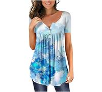 Dyhxuan Bluse Damen Sommer Longshirt Lässig Blumendruck Tops Kurzarm T-Shirt mit V-Ausschnitt Oberteile mit Knöpfe Tunika Frauen Blouse Locker Basic Shirt Tunic Tshirt Pullover Sommerbluse