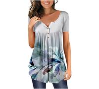 Dyhxuan Bluse Damen Sommer Longshirt Lässig Blumendruck Tops Kurzarm T-Shirt mit V-Ausschnitt Oberteile mit Knöpfe Tunika Frauen Blouse Locker Basic Shirt Tunic Tshirt Pullover Sommerbluse