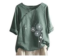 Dyhxuan Bluse Damen Sommer T-Shirt Mode Löwenzahn-Druck Tshirt Kurzarm Rundhals Oberteile Locker Plus Size Tops Basic Shirt Blouse mit Knöpfe Hemdbluse Sommerbluse Blusentops Sommerpullover