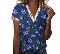 Dyhxuan Bluse Damen Spitze Patchwork T-Shirt Sommer Tops Elegant Blumendruck Tshirt Kurzarm Oberteile mit V-Ausschnitt Slim Fit Basic Shirt Teenager Mädchen Blouse Tunika Pullover Blusenshirt