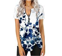 Dyhxuan Bluse Damen V-Ausschnitt Shirt mit Reißverschluss Elegant Blumendruck T-Shirt Unregelmäßiger Saum Tops Tshirt mit Knöpfe Schlitz Oberteile Slim Fit Blouse Tunika Pullover Blusenshirt