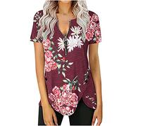 Dyhxuan Bluse Damen V-Ausschnitt Shirt mit Reißverschluss Elegant Blumendruck T-Shirt Unregelmäßiger Saum Tops Tshirt mit Knöpfe Schlitz Oberteile Slim Fit Blouse Tunika Pullover Blusenshirt