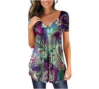 Dyhxuan Blusen & Tuniken für Damen Sommer T-Shirt Elegant Blumendruck Tshirt Kurzarm Oberteile mit V-Ausschnitt Locker Tunic Tops Casual Kurz Ärmel Blouse Shirt Shirtbluse Blusentops Pullover