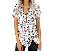 Dyhxuan Blusen & Tuniken Für Damen V-Ausschnitt Bluse mit Reißverschluss Lässig Blumendruck Oberteile Sommer Tshirt Slim Fit Tops Tunika T-Shirt Unregelmäßiger Split Blouse Shirt mit Knöpfe Hemdbluse