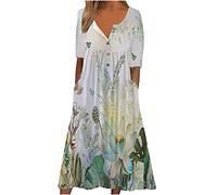 Dyhxuan Blusenkleid Damen Blumen Druck Sommerkleid Kurzarm V-Ausschnitt Midikleid Lässig A-Linien Kleid Plus Size Freizeitkleid mit Taschen Strandkleid Knielang Hemdkleid Partykleid Urlaubskleid