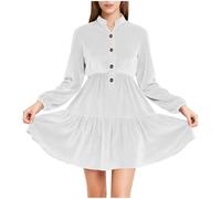 Dyhxuan Blusenkleid Damen Elegant A-Linie Samtkleid Langarm Partykleid Button Down V-Ausschnitt Abendkleid Festliche Party Kleid Knielang Plisseekleid