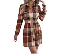 Dyhxuan Blusenkleid Damen Wolle Hemdkleid Modisches Kariert Hemdblusenkleid Button Down V-Ausschnitt Shirtkleid mit Gürtel Langarm Karo Kleid Minikleid Kurz Freizeitkleid Lässig Karokleid Wollekleid