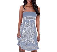 Dyhxuan Boho Kleider Damen Bandeu A-Linien Kleid 3D Druck Sommerkleid Ärmellos Schulterfrei Schlauchkleid Knielang Urlaubskleid Elastizität Wickelbrust Partykleid Strandkleid Freizeitkleid