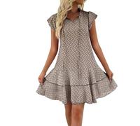 Dyhxuan Chiffonkleid Damen Trendy Aufdruck Sommerkleid Schnüren V-Ausschnitt Strandkleid A Linie Kleid Stehkragen Freizeitkleid Rüschen Sommerkleider Elegant Damenkleider Leicht Knielang Kleider S-4XL