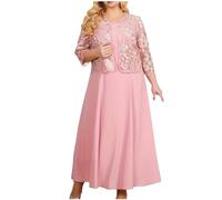 Dyhxuan Cocktailkleid Damen Kurzarm Abendkleid mit Rundhals + Spitze Kurzarm Cardigan Elegant Einfarbige Ballkleid Knielang Zweiteiler Kleider Große Größen Partykleid Abendkleider L-5XL