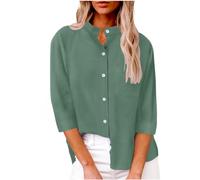 Dyhxuan Damen Bluse 3/4 Ärmel Stehkragen Shirt Lässig Einfarbige T Shirt Hemdbluse mit Knöpfe Locker Bequeme Blusenshirt Leichte Oberteile für Frauen Autumn Winter Tops Einzelschnalle Longshirt