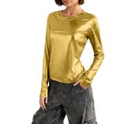 Dyhxuan Damen Metallic T-Shirt Basic Langarmshirt Slim Fit Rundhals Oberteile Festliche Party Outfits Glänzend Tops Glitzer Pullover Shirt Disco Club Kleidung