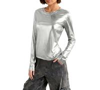 Dyhxuan Damen Metallic T-Shirt Basic Langarmshirt Slim Fit Rundhals Oberteile Festliche Party Outfits Glänzend Tops Glitzer Pullover Shirt Disco Club Kleidung