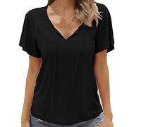 Dyhxuan Damen Oberteile Mode Einfarbige Tops Sommer T-Shirt Bluse Kurzarm Tshirt mit V-Ausschnitt Shirt mit Schnürung Blouse Blusenshirt Sommerbluse Sport Oberteile Sportshirt Pullover Sommershirts