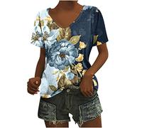 Dyhxuan Damen Oberteile Sommer Bluse Casual Blumendruck T-Shirt Kurzarm Tshirt mit V-Ausschnitt Locker Basic Tops Kurz Ärmel Blouse Shirt Frauen Tunika Blusenshirt Sommerbluse Strandbluse Pullover