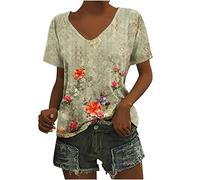 Dyhxuan Damen Oberteile Sommer Bluse Casual Blumendruck T-Shirt Kurzarm Tshirt mit V-Ausschnitt Locker Basic Tops Kurz Ärmel Blouse Shirt Frauen Tunika Blusenshirt Sommerbluse Strandbluse Pullover
