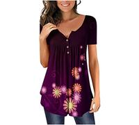 Dyhxuan Damen Oberteile Sommer Tunika Bluse Lässig Blumendruck Shirt Kurzarm V-Ausschnitt T-Shirt Locker Basic Tops Tunic Tshirt Damen Blouse mit Knöpfe Pullover Hemdbluse Blusentops Longshirt