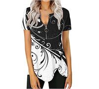 Dyhxuan Damen Oberteile V-Ausschnitt Bluse mit Reißverschluss Sexy Tunika Tshirt Blumendruck T-Shirt Sommer Kurzarm Tops Slim Fit Blouse Shirt mit Knöpfe Unregelmäßiger Split Blusentops Hemdbluse