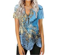 Dyhxuan Damen Oberteile V-Ausschnitt Bluse mit Reißverschluss Sexy Tunika Tshirt Blumendruck T-Shirt Sommer Kurzarm Tops Slim Fit Blouse Shirt mit Knöpfe Unregelmäßiger Split Blusentops Hemdbluse
