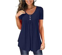Dyhxuan Damen Tshirt Eelgant Einfarbige T-Shirt Sommer Oberteile Kurzarm Bluse mit Rundhals Herbst Basic Tops Shirt mit Knöpfe Tunika Blouse Pullover Hemdbluse Sommerbluse Strandbluse Sportshirt