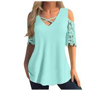 Dyhxuan Damen Tshirt Spitze Patchwork Tops Sommer Einfarbige Oberteile Spitzenärmel Bluse Kurzarm Schulterfrei T-Shirt Tunika V-Ausschnitt Blouse Spitzennähte Shirt Pullover Blusentops Sommerbluse