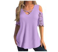 Dyhxuan Damen Tshirt Spitze Patchwork Tops Sommer Einfarbige Oberteile Spitzenärmel Bluse Kurzarm Schulterfrei T-Shirt Tunika V-Ausschnitt Blouse Spitzennähte Shirt Pullover Blusentops Sommerbluse