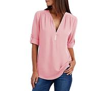 Dyhxuan Damen V-Ausschnitt Bluse mit Reißverschluss Eelgant Einfarbige Longshirt Sommer T-Shirt Oberteile Slim Fit Tshirt Blouse Kurzarm Tops Casual Shirt Blusenshirt Blusentops Kurz Ärmel Pullover
