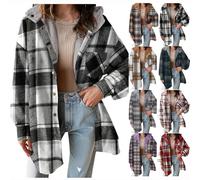 Dyhxuan Fleecejacke Damen Lang Kariert Wollmantel Fleece Übergangsjacke mit Kapuze Druckknopf Winterjacke mit Brusttaschen Wärme Langarm Jacke Wintermantel Farbblock Fleecemantel Mantel Coat