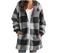 Dyhxuan Fleecejacke Damen mit Kapuze Kariert Plüschjacke Teddyfleece Kapuzenjacke Mittellang Teddyjacke Karo Winterjacke Loose Hoodie Jacke