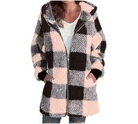 Dyhxuan Fleecejacke Damen mit Kapuze Kariert Teddyjacke Zip Up Plüschjacke Leicht Teddyfleece Jacke Karo Kapuzenjacke Casual Übergangsjacke Herbstjacke