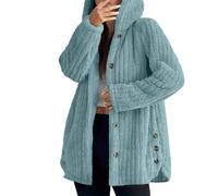 Dyhxuan Fleecejacke Damen mit Kapuze Teddyfleece Langarm Jacke Button Down Fleecemantel Warm Bequem Plüschjacke Autumn Winter Fleece Kapuzenjakce Casual Winterjacke Weiche Kuscheljacke für Frauen