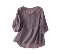 Dyhxuan Hemdbluse Damen Baumwolle Leinen Tshirt Spitze Patchwork Bluse Vintage Einfarbige T-Shirt Tops Kurzarm V-Ausschnitt Oberteile Große Größen Blusenshirt Leicht Sommer Sommerbluse Leinenhemd