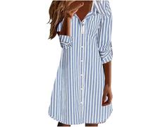 Dyhxuan Hemdblusenkleid Damen Langarm Gestreiftem Hemdkleid Knielang Revers Blusenkleid Sommerkleid Leicht Shirtkleid Streifen Freizeitkleider Sommer Autumn Tunikakleid