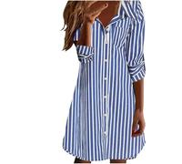 Dyhxuan Hemdblusenkleid Damen Langarm Gestreiftem Hemdkleid Knielang Revers Blusenkleid Sommerkleid Leicht Shirtkleid Streifen Freizeitkleider Sommer Autumn Tunikakleid