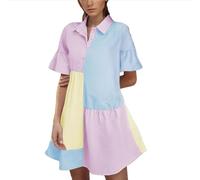 Dyhxuan Hemdblusenkleid Damen Modische Farbblock Patchwork Blusenkleid 1/3 Knöpfe Minikleid mit V-Ausschnitt Kurzarm Sommerkleid Revers A-Linie Kleider Locker Bequeme Hemdkleid Freizeitkleid