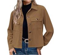 Dyhxuan Hemdjacke Damen Kurz Cordjacke mit Tasche Button Down Übergangsjacke Dünne Langarm Corduroy Jacke Elegant Revers Langarmshirt Einfarbig Hemd Regular Fit Freizeitjacke Modisches Oberteile