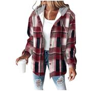 Dyhxuan Hemdjacke Damen mit Kapuze Warm Gefüttert Wolljacke Fleece Winterjacke Kariert Hemdbluse Mantel Loose Kapuzenjacke Trendy Jacke mit Tasche