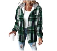 Dyhxuan Hemdjacke Damen mit Kapuze Warm Gefüttert Wolljacke Fleece Winterjacke Kariert Hemdbluse Mantel Loose Kapuzenjacke Trendy Jacke mit Tasche