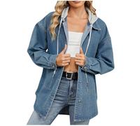 Dyhxuan Jeansjacke Damen Vintage Jeans Jacke mit Kapuze Button Down Denim Jacket Casual Langarm Übergangsjacke Oversize Mantel Autumn Winter Freizeitjacke