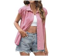 Dyhxuan Kariert Bluse Damen Sommer Kurzarm Hemd Button Down Revers Shirt Modisches Karo Blusenshirt Dünne Sommerhemd Elegant Hemdbluse Casual Karoshirt Damenblusen