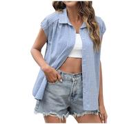 Dyhxuan Kariert Bluse Damen Sommer Kurzarm Hemd Button Down Revers Shirt Modisches Karo Blusenshirt Dünne Sommerhemd Elegant Hemdbluse Casual Karoshirt Damenblusen